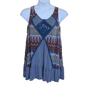 Patchwork Boho Sleeveless Ruffle Hem Tank Top coquette cottagecore tiered